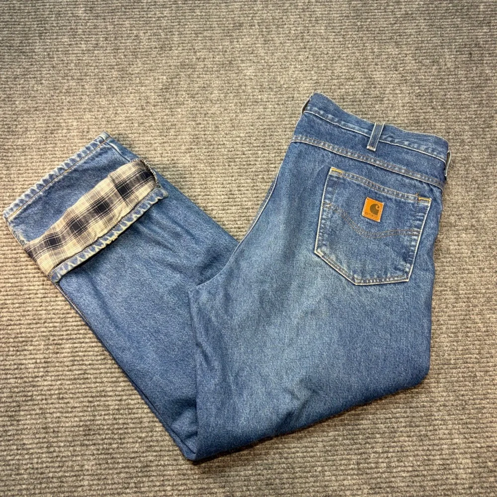Carhartt Flannel Lined Relaxed Fit Straight Leg Jeans Mens 38x31 Blue Denim